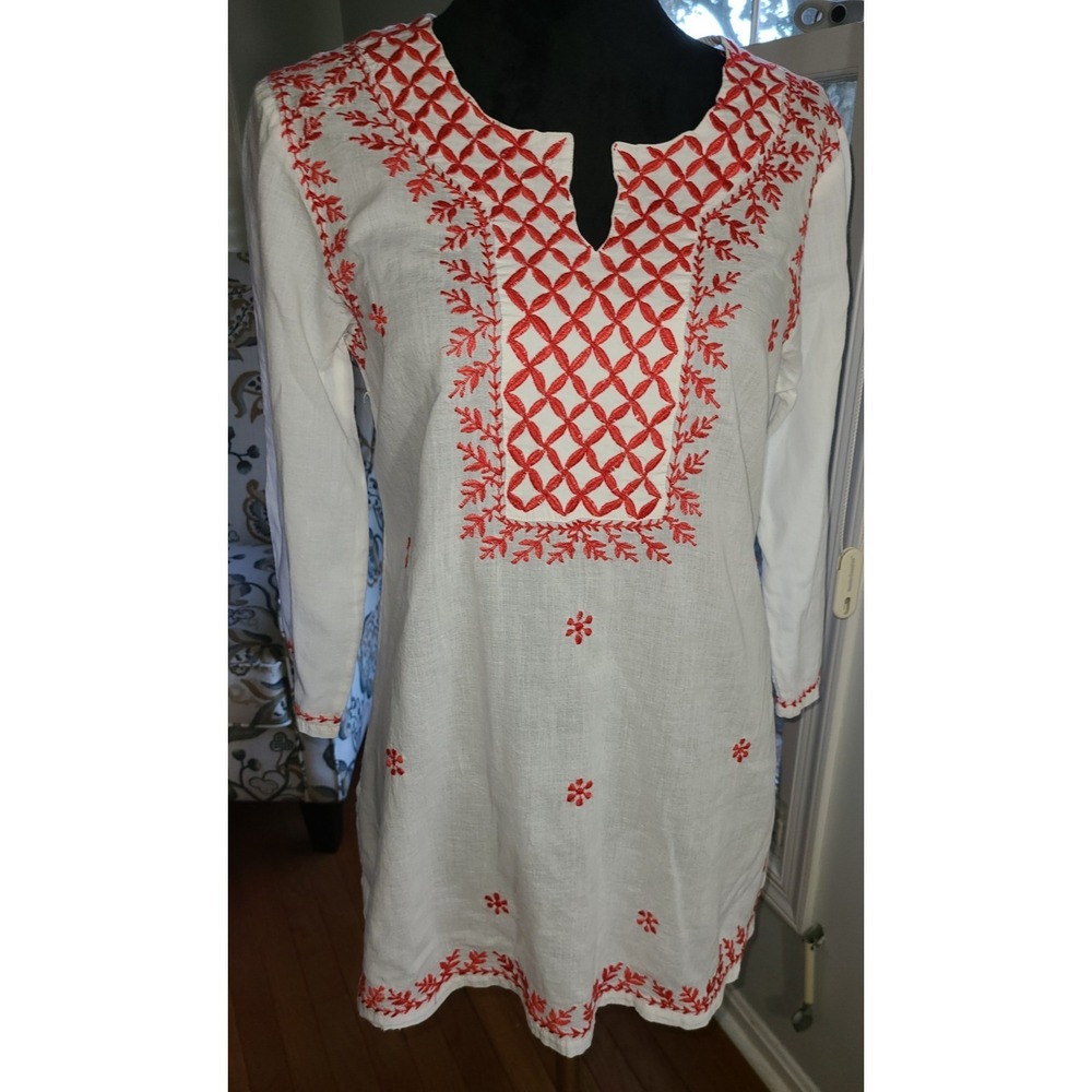 Solitaire Anthropologie‎ Embroidered Med Cotton Top Red White Tunic Boho Lite